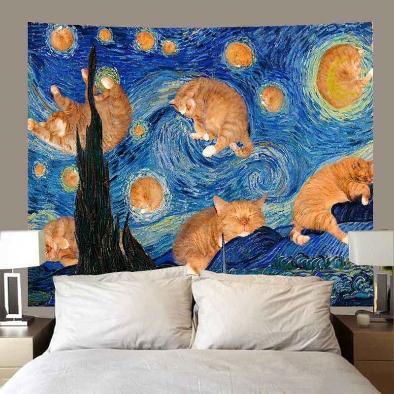 Vintage Katze Ölgemälde Wandteppich Wandbehang Kunst Dekor für Schlafzimmer Einzigartiges Katzenmotiv Wandtuch