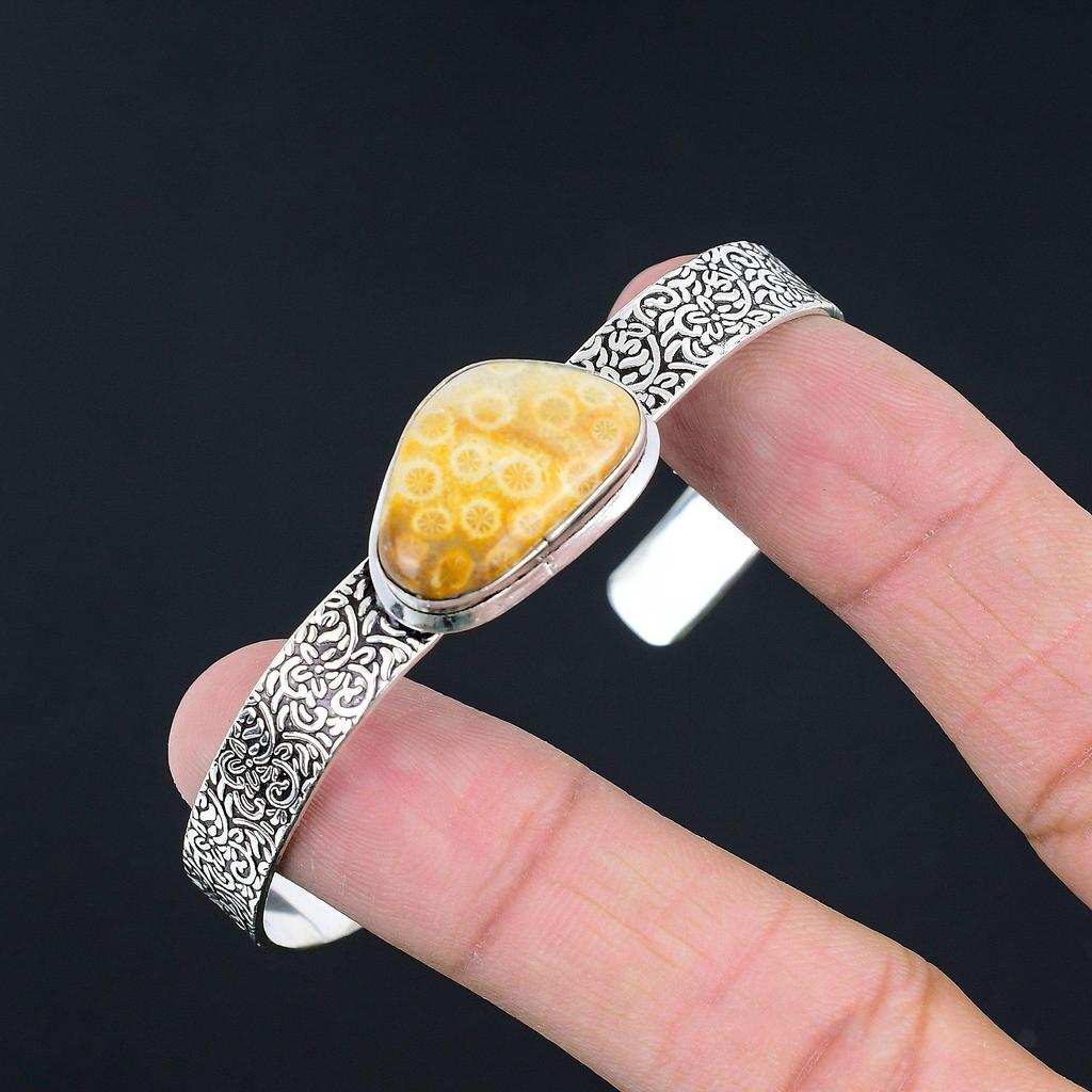 Sisters Day Sale Trillion Fossil Coral Stone Handcrafted Boho Bangle 925 Silver