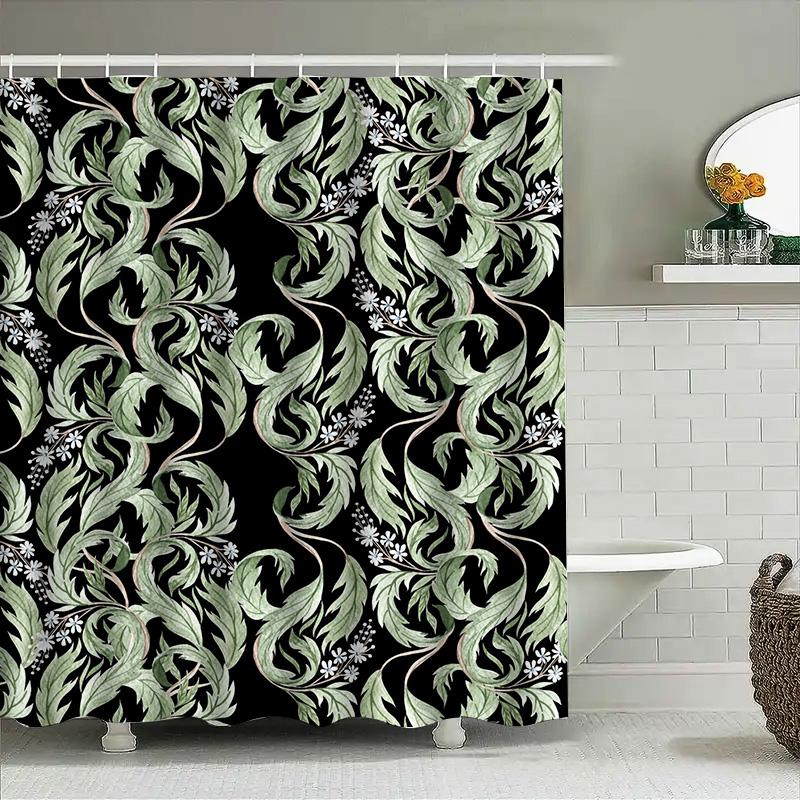 Modern Floral Green Leaf Bath Curtains for Bathroom Decor Black White Shower Curtain with Metal Hook Rings Set