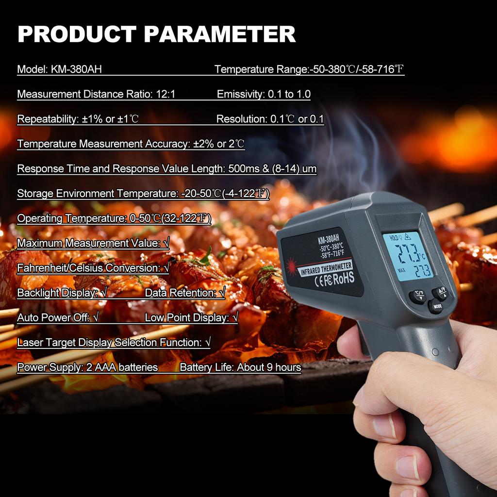 KM380AH 50 celsius ~380 celsius  58 Fahrenheit ~716 Fahrenheit  NonContact Infrared Thermometer IR Thermometer Handheld Digital
