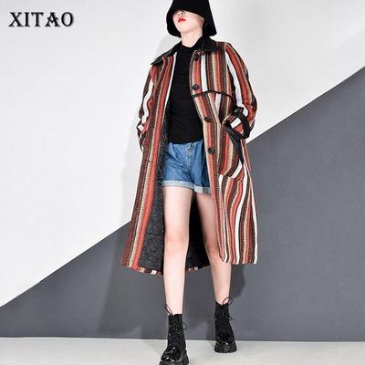 Płaszcz damski z długim rękawem w paski i patchworkową, casualową mieszankę GCC4183