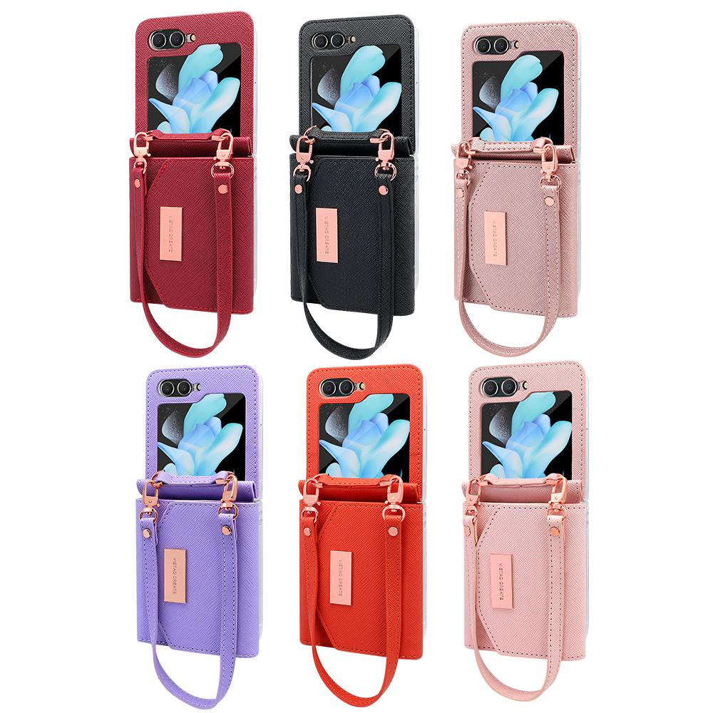 Vietao-Z Flip 7 Wallet Phone Case With Wristband Strap, Fashion Girls Leather Purse Phone Cover For Samsung Z Flip 6 5 4 3, Pink