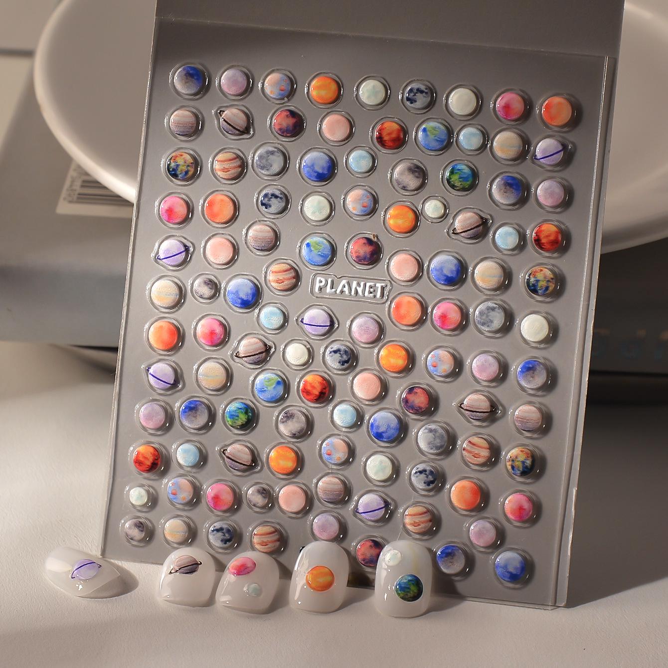 Exquisite Jelly Style Cosmic Planet Nail Art Stickers - Saturn, Mercury, Earth Cartoon Design with Adhesive Backing