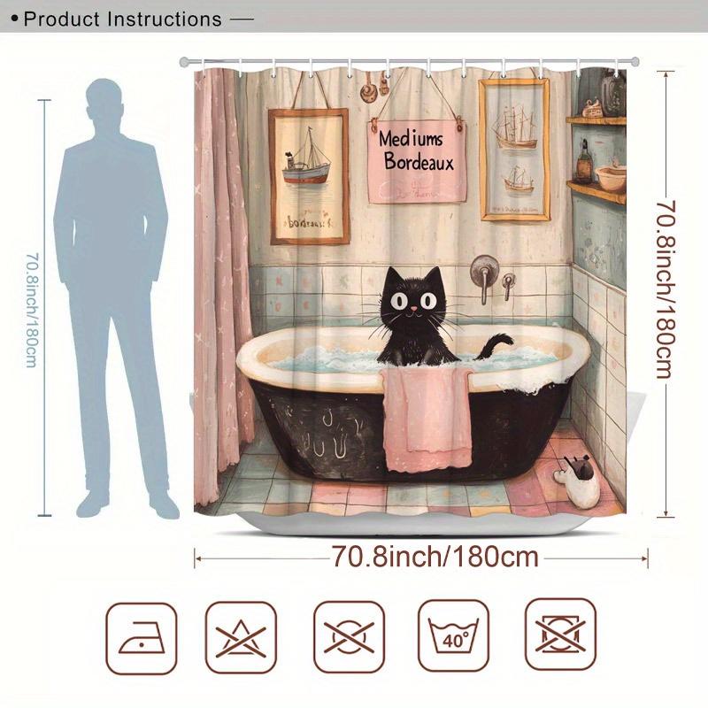 1pc Black Cat In Vintage Bathtub Shower Curtain - Nautical Theme, Pink Towel & Posters, 70.8x70.8", Polyester, 12 Hooks,Washable