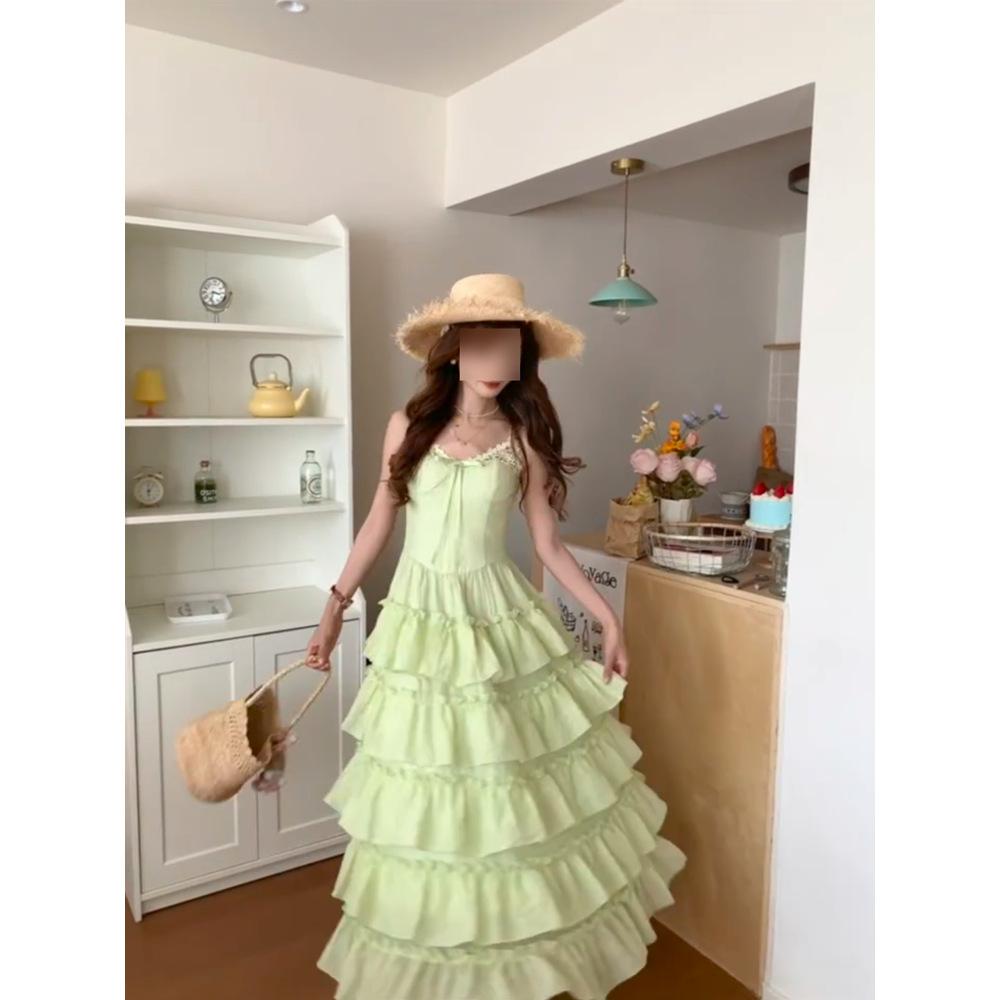 French Temperament Holiday Style Green Dress Women's Casual Style Summer New Waist Thin Cake Skirt Long Skirt