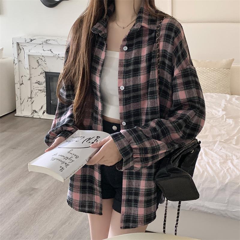 Dames Retro Geruit Overhemd Lange Mouw Met Kraag Knoopsluiting Oversized Geruit Overhemdjas Tiener Meisje Lente Zomer Outfit