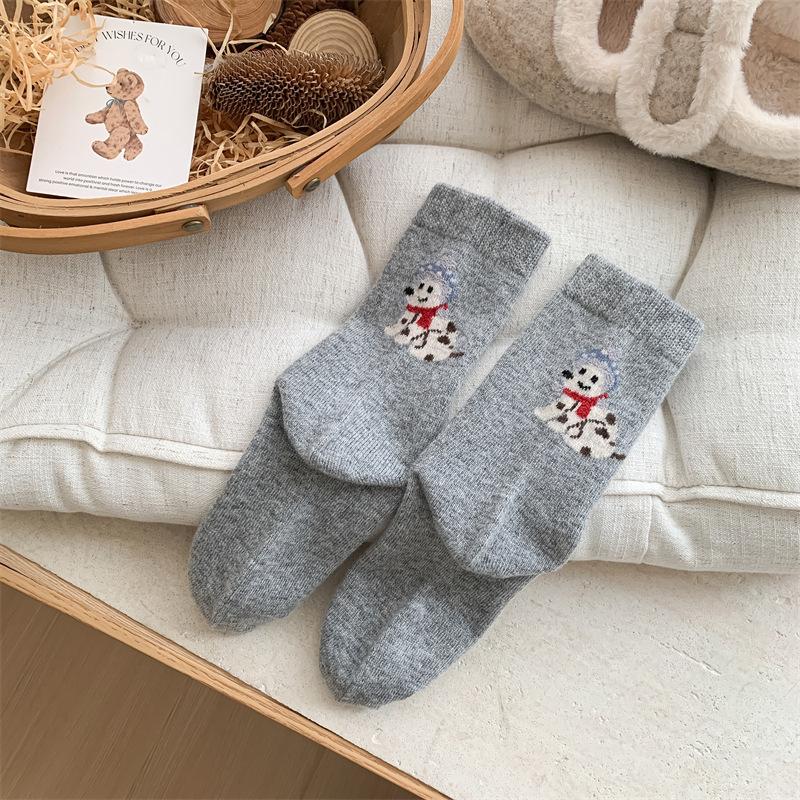 Female Autumn Winter Thickened Warm Cute Cartoon Sled Dog Wool Drum Pile Socks