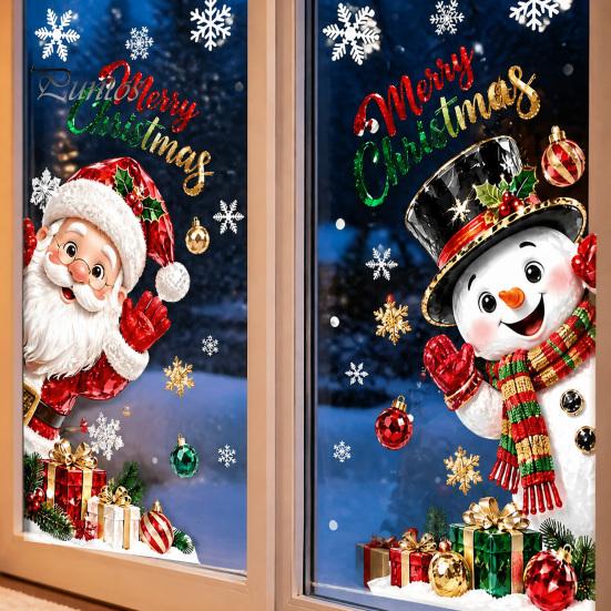 Snowflake Static Clings Christmas Window Clings, Santa Snowman PVC Stickers, Waterproof Creative Xmas Gift Decor Glass Decals for Home Shop