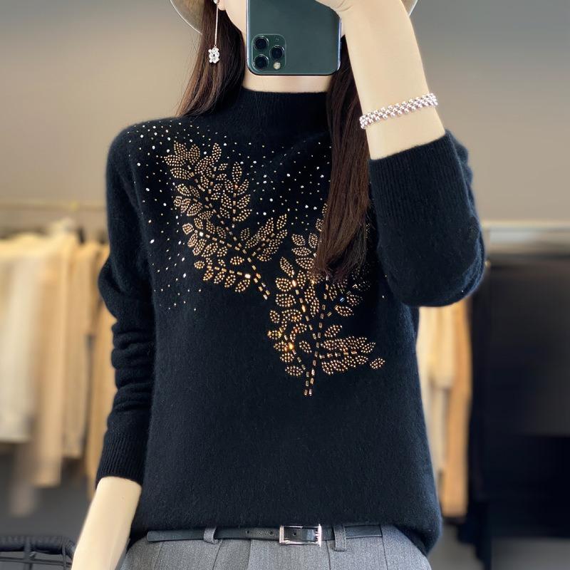 Women S Half Turtleneck Rhinestone Knitted Sweater Long Sleeve Base Layer
