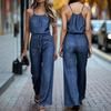 Women Denim Print Halter Neck Jumpsuit Wide Leg Pants Casual Backless Playsuit