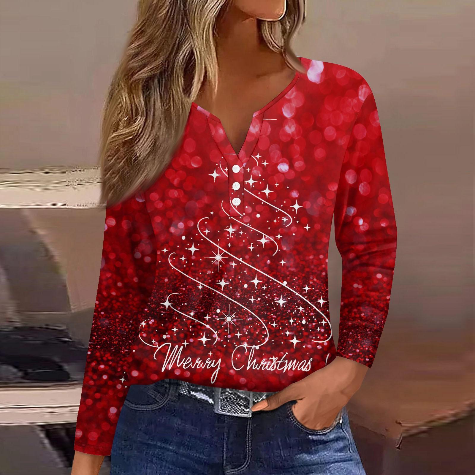 

Женская футболка с пуговицами и рождественским принтом, длинный рукав, повседневная, выходного дня, модная, базовая, с V-образным вырезом, обычная L красный