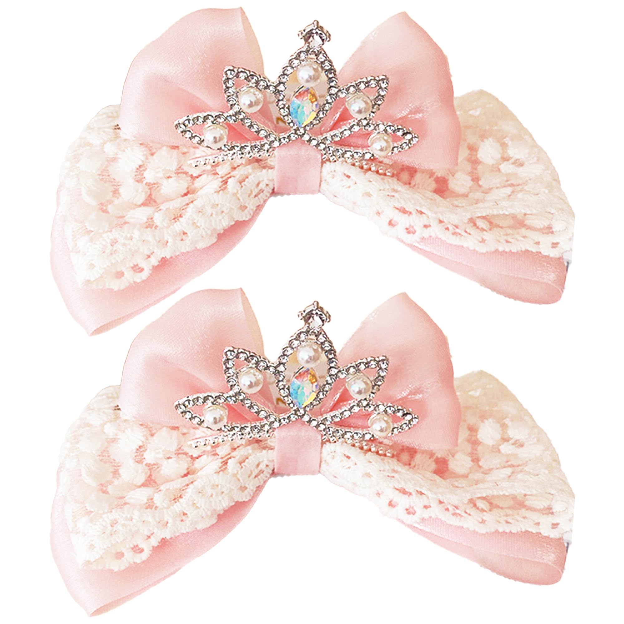 Set of 2 Tiara Ribbon Clips, Hairpins, Decorative Ribbons, Birthdays, Events, Recitals, Crowns, Pink [Used]