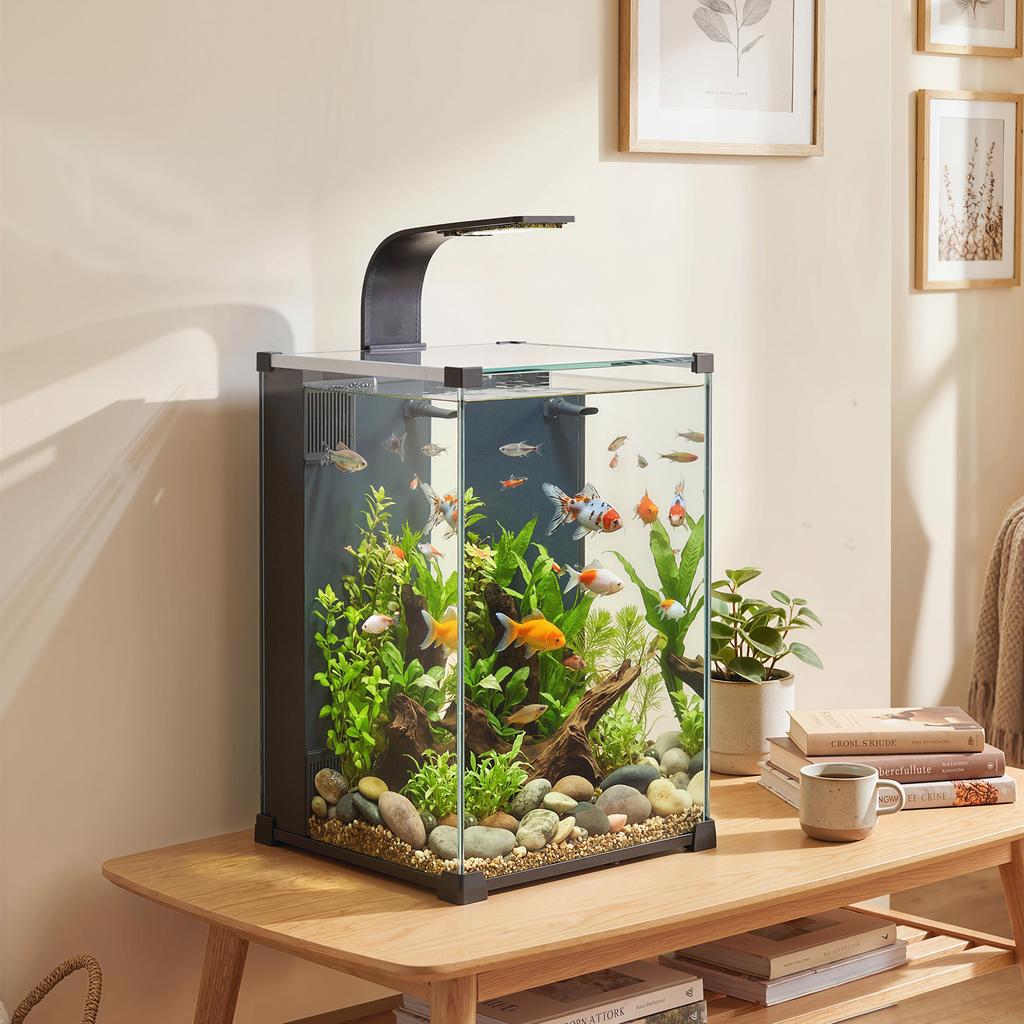 36L Tempered Glass Home Aquarium with Integrated Filter and LED Light, 30x30x45.5 cm, Black