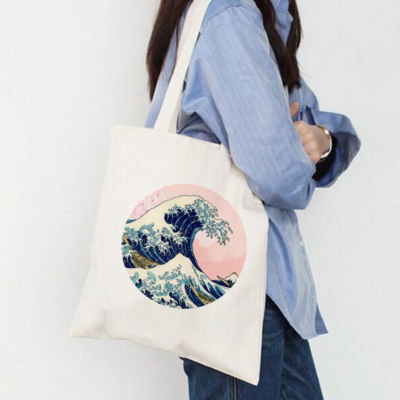 Women Shopper The Great Wave Kanagawa Printed Tote Bag High Capacity Harajuku Handbag Girl Shoulder Shopping Bag Lady Canvas Bag