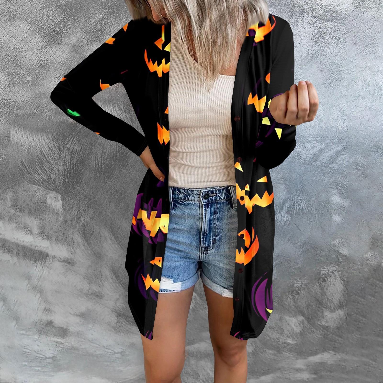 

Женский повседневный кардиган, топ с длинными рукавами и карманами с принтом на Хэллоуин M шафрановый