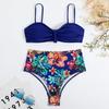 Kadın Halter Boyun Bölünmüş Bikini Retro Seksi Düz Renk Baskı Bikini Seti
