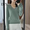 Elastic Women Top Sweater V-Neck Long Sleeve Solid Color Knit Cozy V-neck Tops Regular Fit Jumper Knitwear