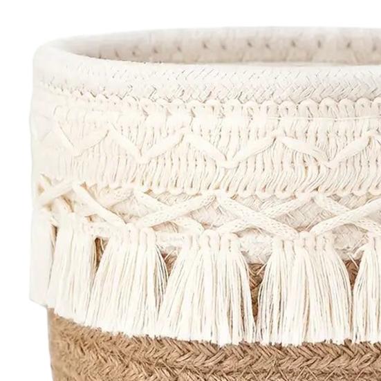 Boho Makeup Brush Holder Knotted Cord Tabletop Organizer with Tassels Handmade Circular Woven Basket for Office Desk Home Bedroom Dresser