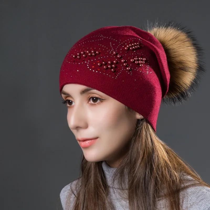 2026 Fashion Pearl Butterfly Women Hats Knitted Wool Beanies Autumn Winter Warm Caps with Natural Fur Pom Pom Ladies Hat