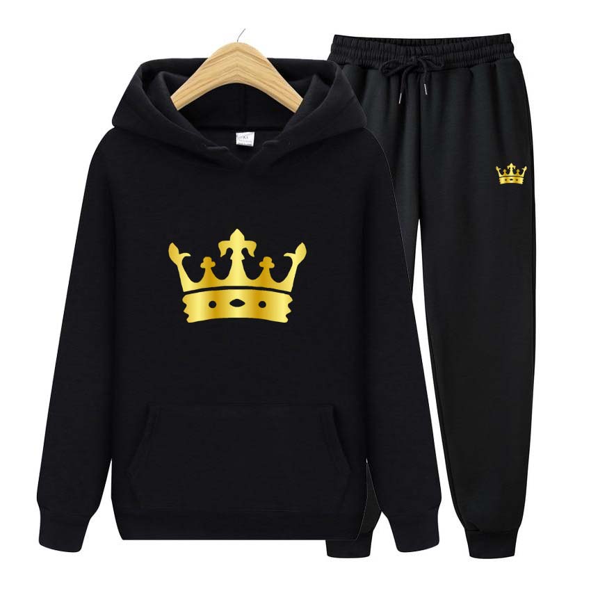 Men Tracksuits Set Spring Autumn Crown Print Sweatshirt Long Sleeve Hooded Pullover Sweatshirt Top Jacket Coat