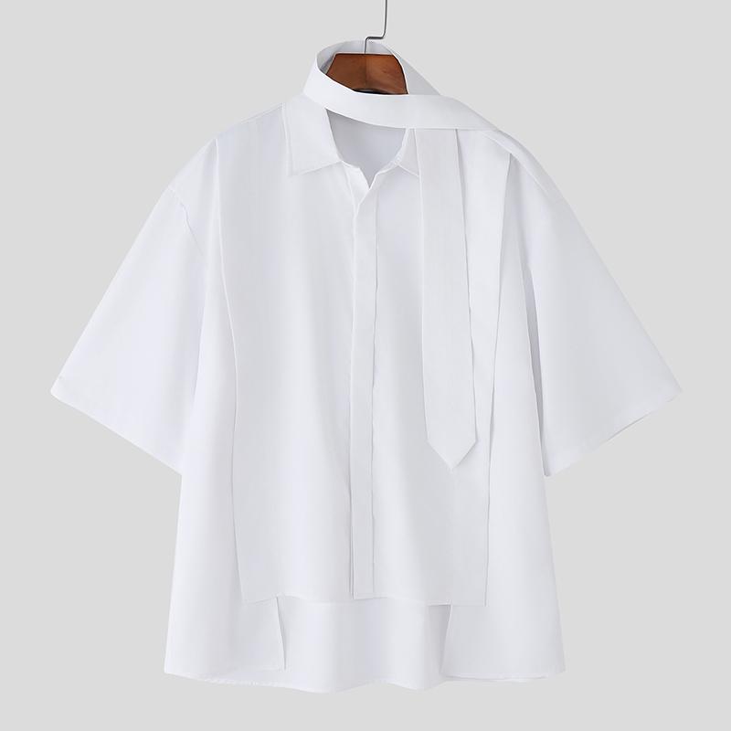 INCERUN Oversized Men Tie Up Neck Short Sleeve Solid Color Casual High Low Shirts
