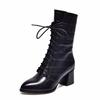 Pointed Leather Boots Women's Medium Boots 2025 Autumn and Winter New Black Embossed Cowhide Thick Heel Lace-up Fashion Boots High Heels Boots