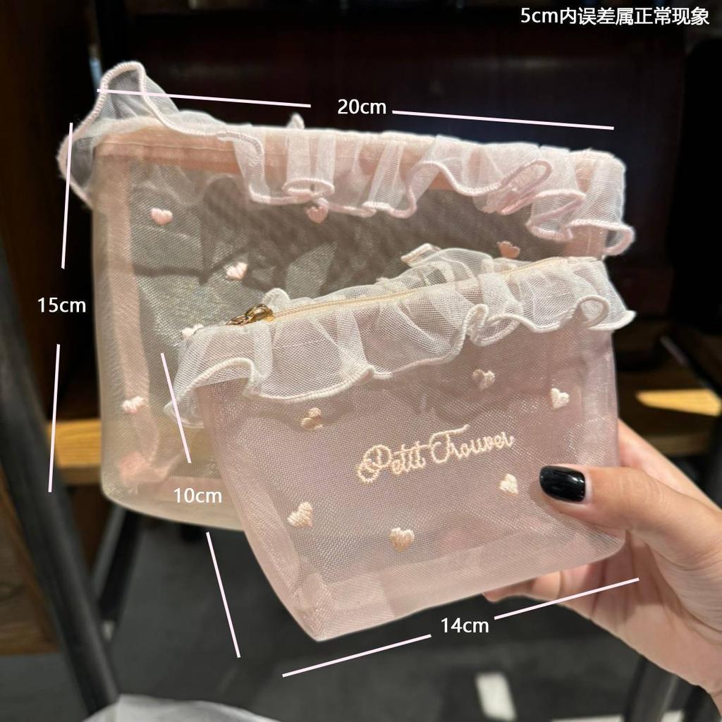 Cute Heart Embroidery Mesh Pouch, Portable Cosmetic and Tissue Bag, Sweet Style Storage Organizer for Girls, Travel and Daily Use