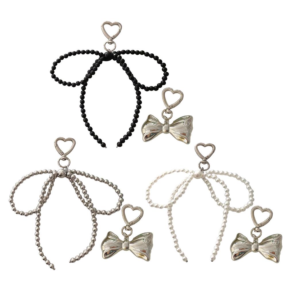 Elegant Pearls and Bowknot Charm Pendnat Keychain Set Sturdy Alloy Bag Accessories Portable for Trendy Women Ladies