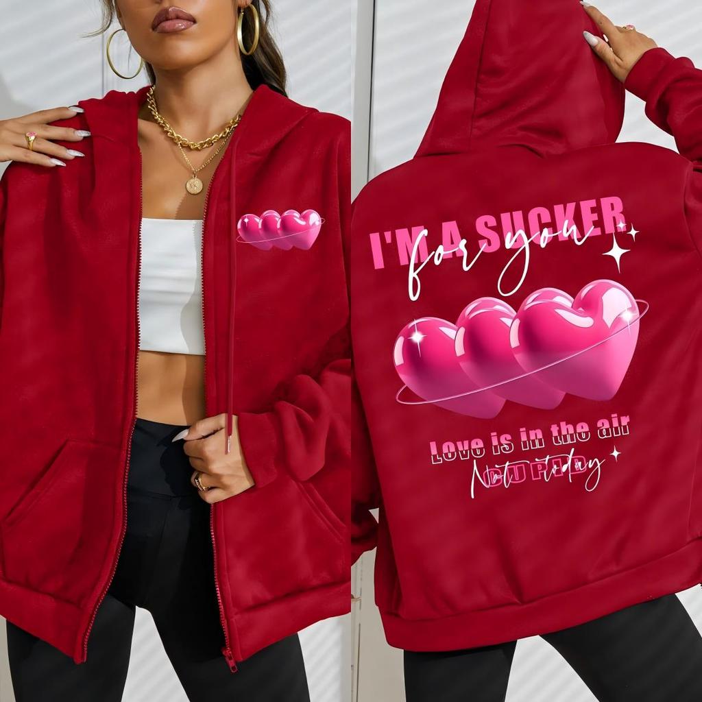 Love Is In The Air Pink Heart Prints Woman Zipper Hoody Casual Comfortable Sportswear Korean Hoodie Autumn Clothing