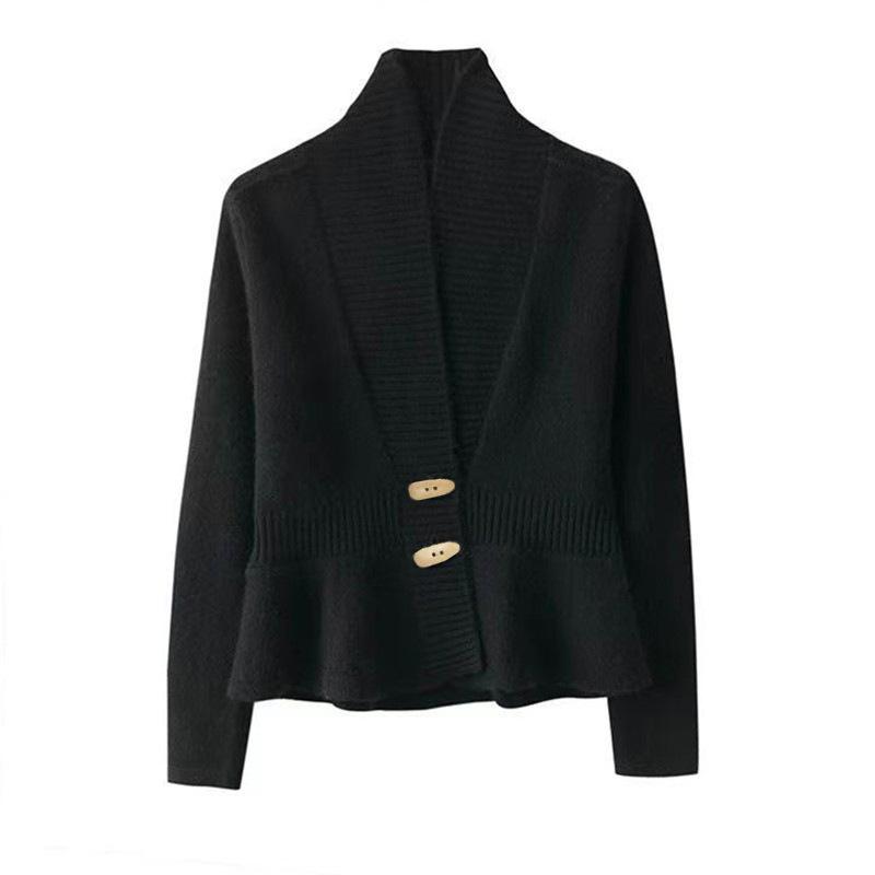 Autumn and Winter New Solid Color Retro Knitted Cardigan Women's V-neck Ruffled Hem Sweater Jacket