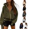 Women's Military Green Hooded Zip-Up Cropped Sweatshirt with Pockets, Multi-Color Options