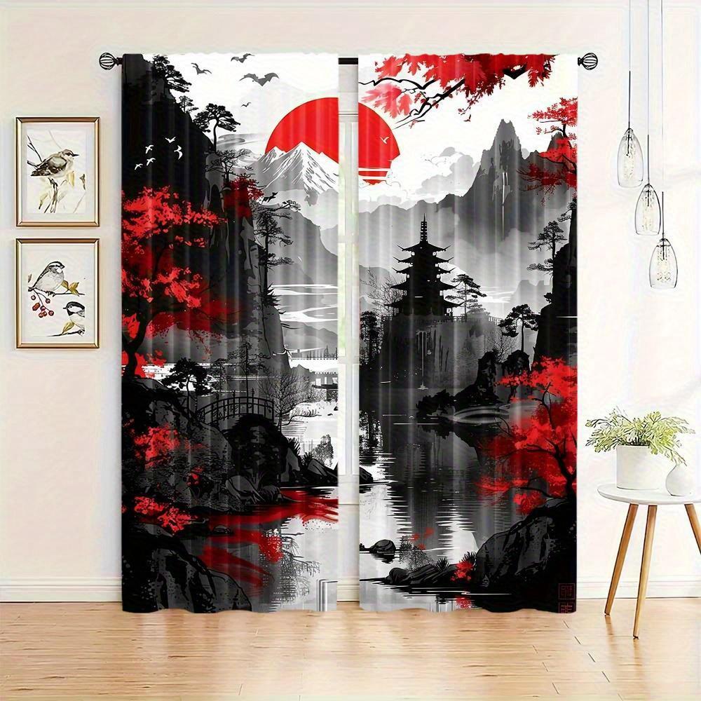 

Комплект из 2 штор блэкаут, дизайн в стиле восточной туши, панели из полиэстера с кулиской для карниза, современный стиль, машинная стирка для 53x116cm 2pc&Without mount