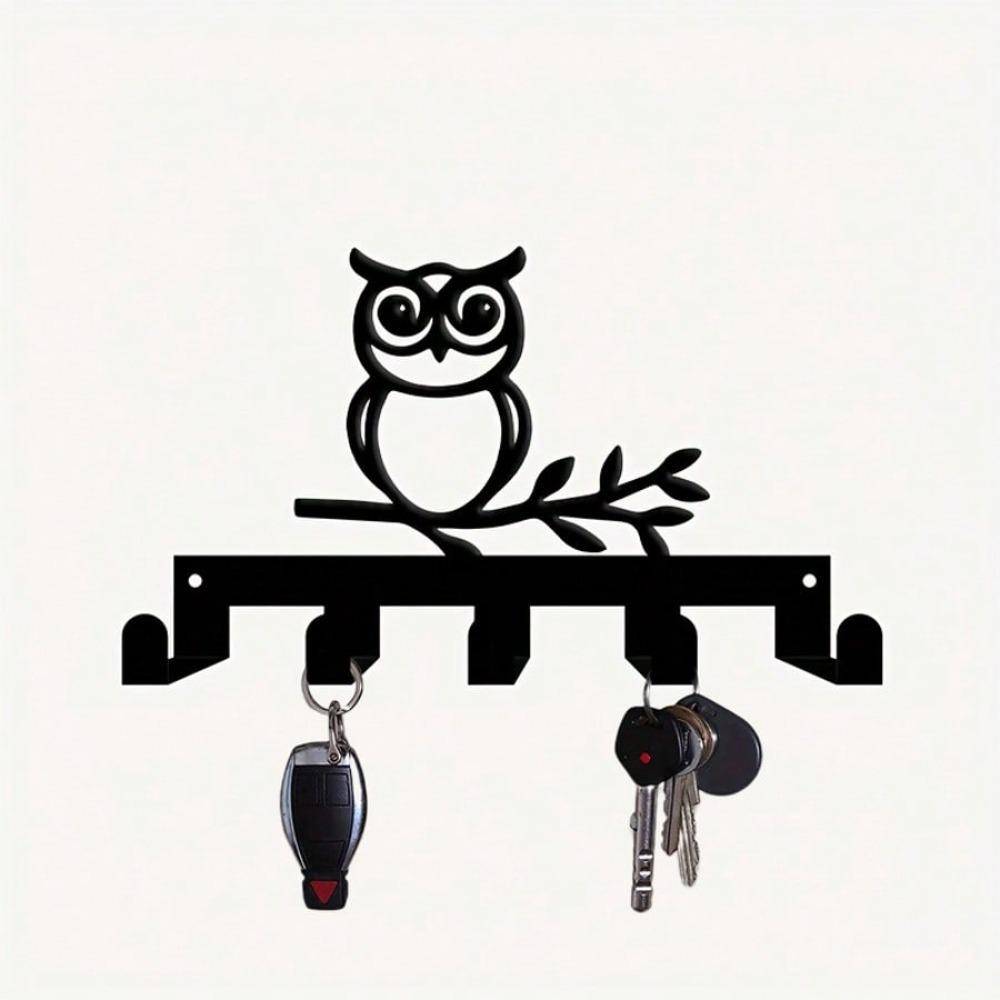 Retro Owl Key Hanger, Rustic Metal Wall Art with 5 Hooks, Hand Forged Iron Decor