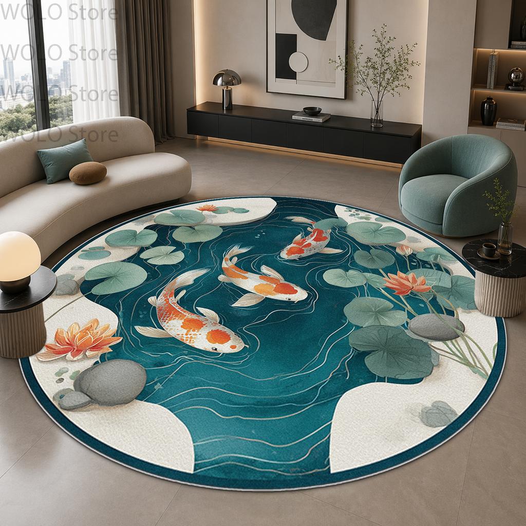 Koi Fish Pond 3D Pattern Living Room Round Rug Decoration Home Bedroom Study Non-slip Soft Chair Mat Bedside Washable Carpet