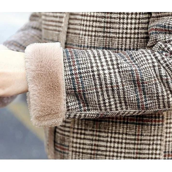 Women's Plaid Wool Coat Thick Velvet Thickened Warm Mid-Long Jackets Hooded Warm Woolen Coat Ladies Winter Jacket Faux Fur Coat