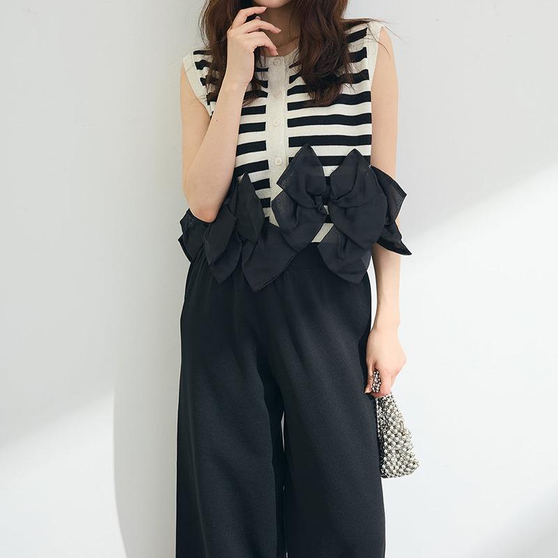 Summer Women Office Lady 2 Pcs Set O Neck Solid/Striped Sleeveless Bow Top+Wide Leg Pants Elegant Feminine Ladies' Suit