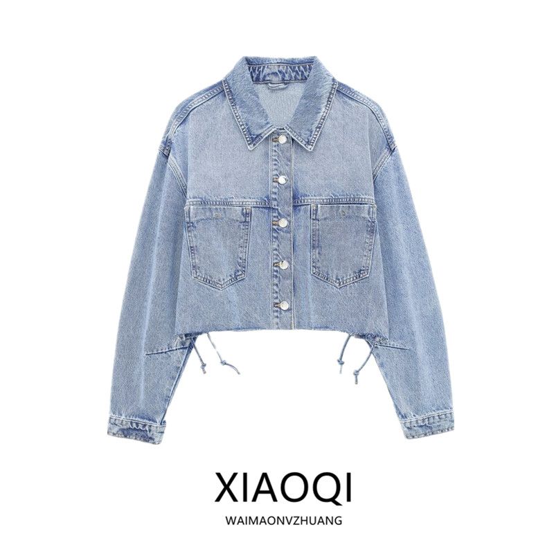 Fashion Wind 2024 Spring New Female Stylish Long Sleeves Washing Effect Bandage Denim Jacket Coat 6164095