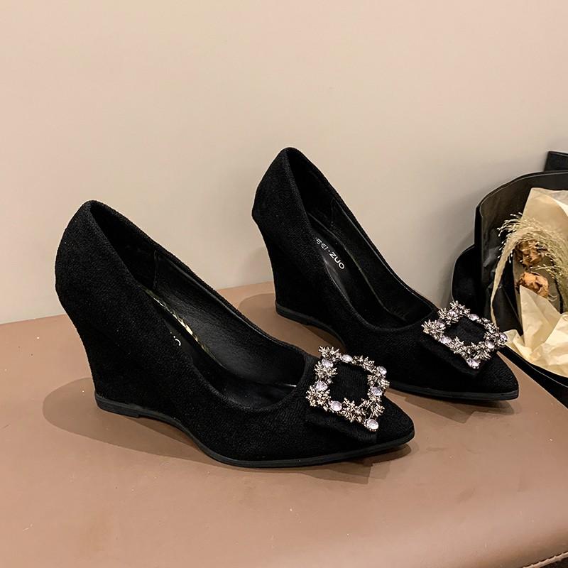 Women's Slope Heel Shoes Autumn I New Pointed Head Shallow Mouth Crystal Buckle Anti-slip Wear-resistant High Heels