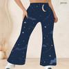 Women Plus Size High Waist Retro Motorcycle Scenery Print Flare Pants For Edgy Street Casual Look