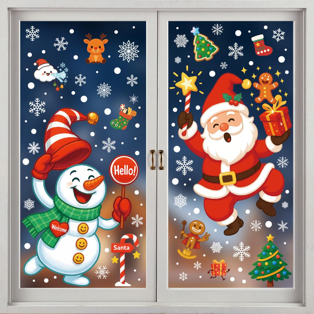 Christmas Window Festive Decals With Santa And Snowman For Display Seasonal