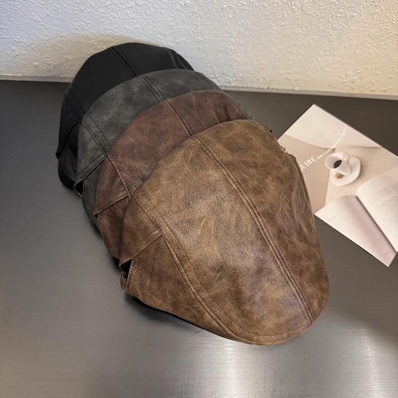 Retro Leather Beret Hat For Women With Sunshade And Short Brim For Fall And Winter