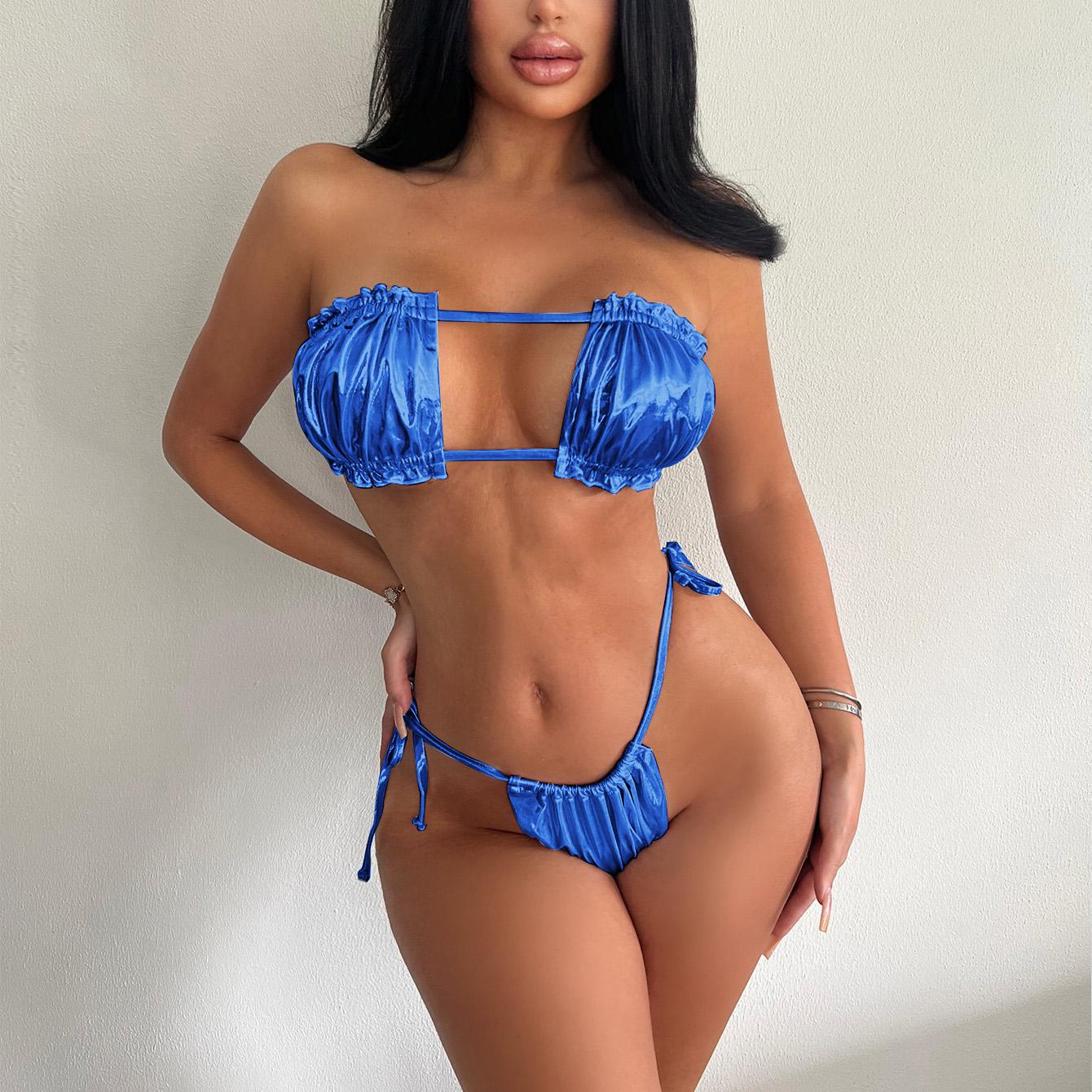 

Женский сексуальный глянцевый треугольный раздельный бикини-костюм, летний купальник-стринги с завязками по бокам, эластичный бикини на бретельках L синий