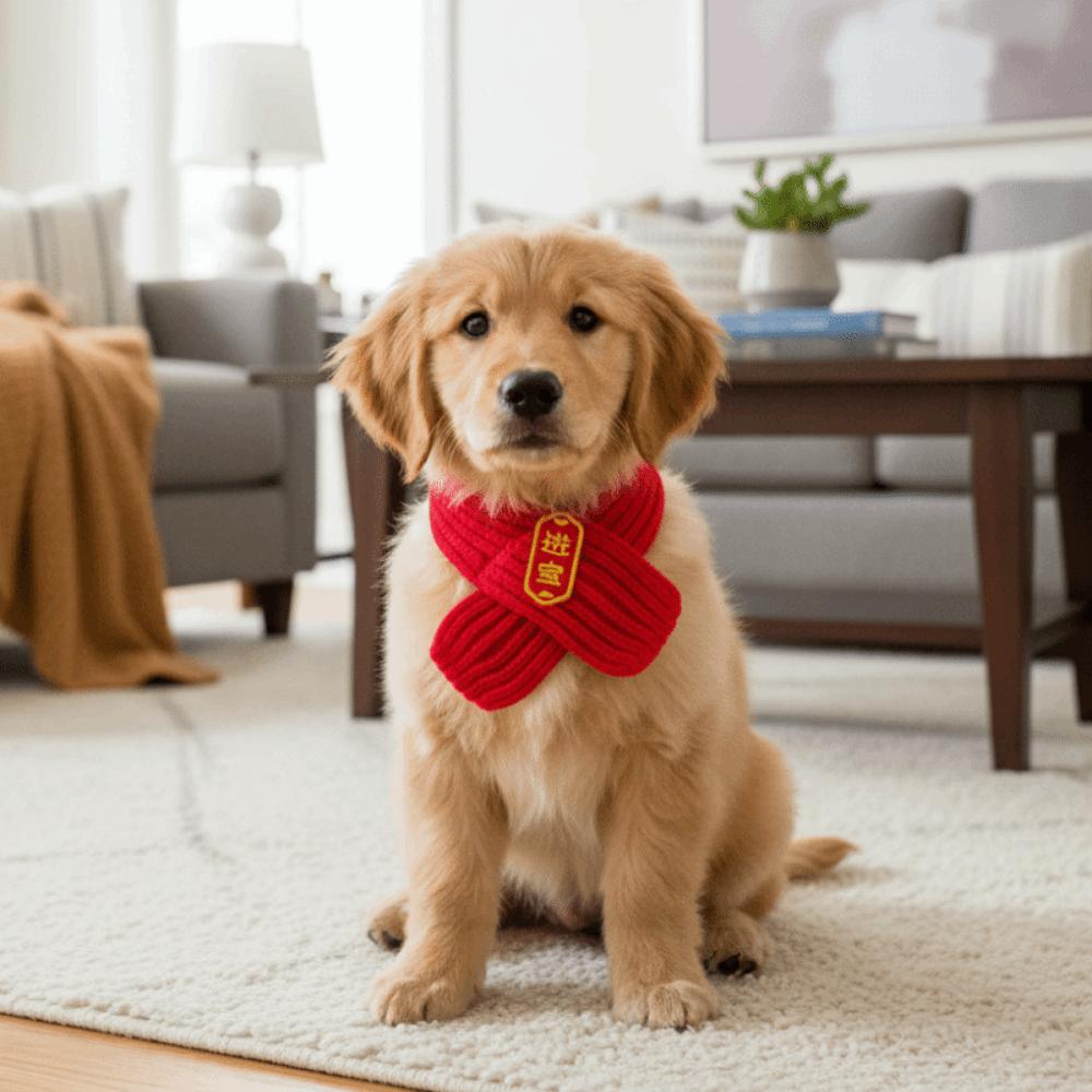 Festive Warm Cat Knitted Scarf Cute Blessing New Year Dog Scarf Red Color Pet Dress Up Costume Holiday Events