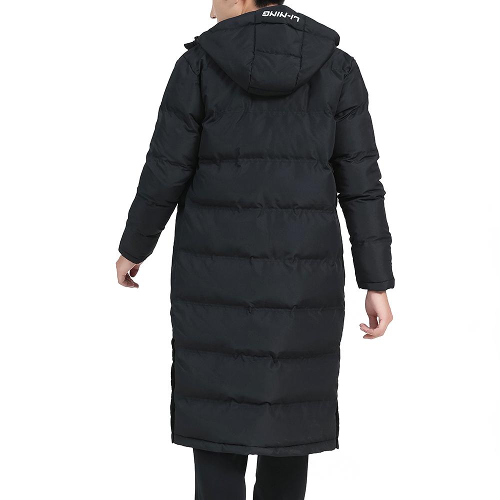 Li Ning Side Split Warm Solid Color Long Hooded Cotton Coat Men Coats Black AFMT025-1