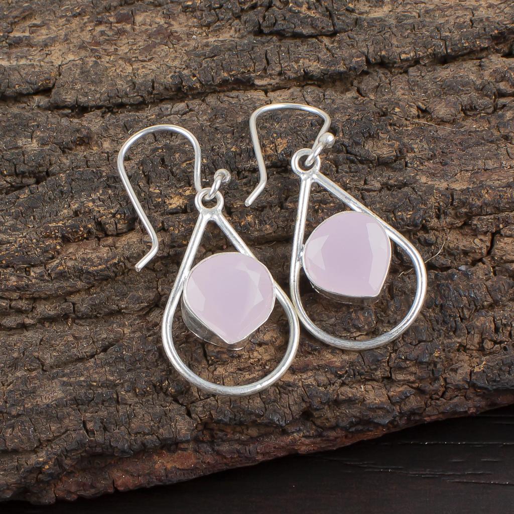 Rose Chalcedony Gemstone Earrings, Handmade 925 Solid Sterling Silver Jewelry, Designer Silver Earrings Gift for Sister