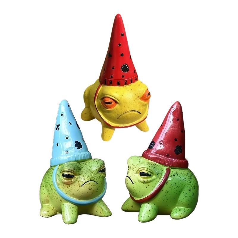 Resin Frogs Statue with Party Hat Handcrafts Model Figurine Statue For Home Desktop Shelf Display Yard Patios Decoration