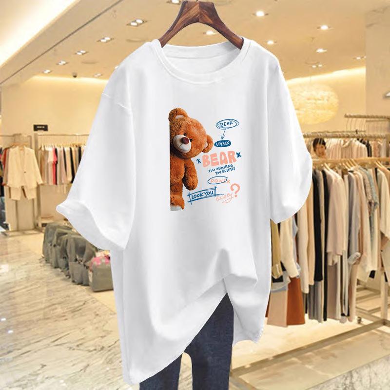 

Pure cotton cartoon bear t-shirt women s summer new white loose top t-shirt bottoming shirt short sleeve S