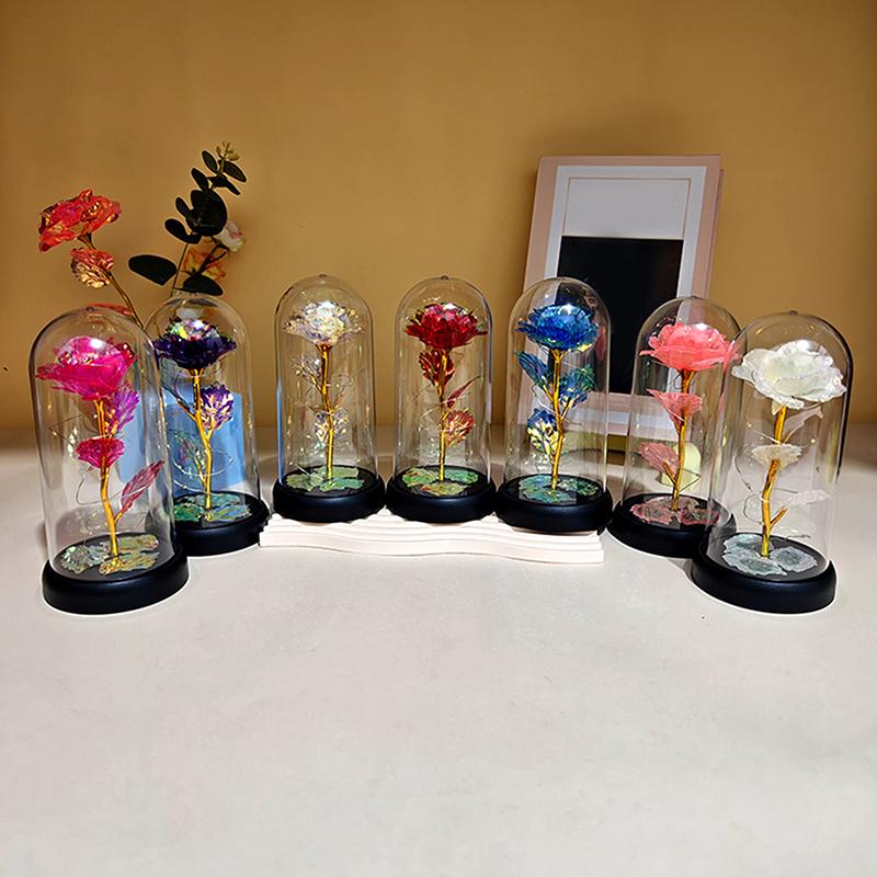 1 Set Light Up Wedding Galaxy Rose Decor Artificial Flowers Led Red Rose Valentine'S Day Gift Rose In Acrylic Cover Stand