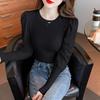 Módní pletené základní tričko s kulatým výstřihem v korejském stylu, dámské univerzální top s bublinkovými rukávy pro podzim a zimu, temperamentní jednobarevné