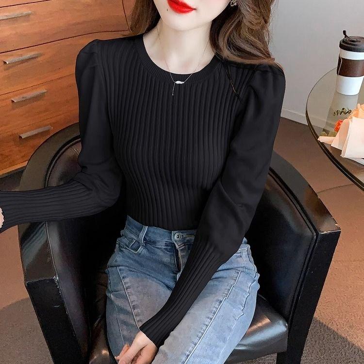 Módní pletené základní tričko s kulatým výstřihem v korejském stylu, dámské univerzální top s bublinkovými rukávy pro podzim a zimu, temperamentní jednobarevné